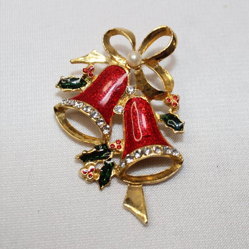 Vintage Christmas Bells Brooch with Holley Rhinestone and Pearl